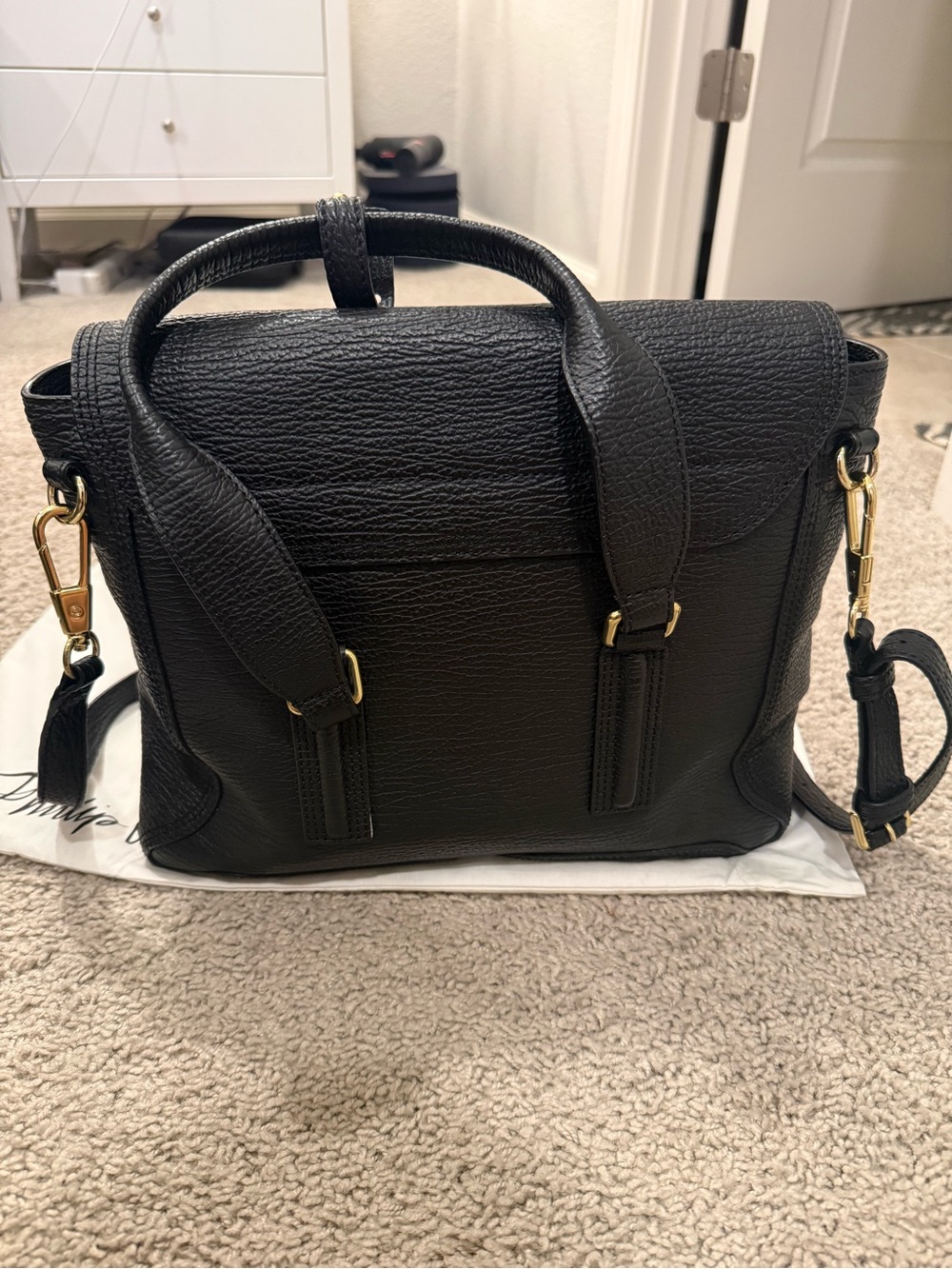 3.1 Phillip Lim Black Textured Leather Satchel with Gold Hardware - Picture 8 of 11